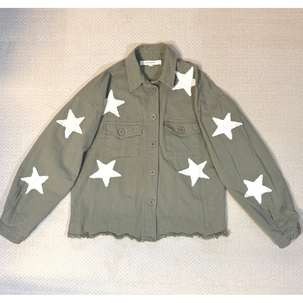 Military Green Utility Jacket Womens Small Stars Patches Festival Boxy Cropped